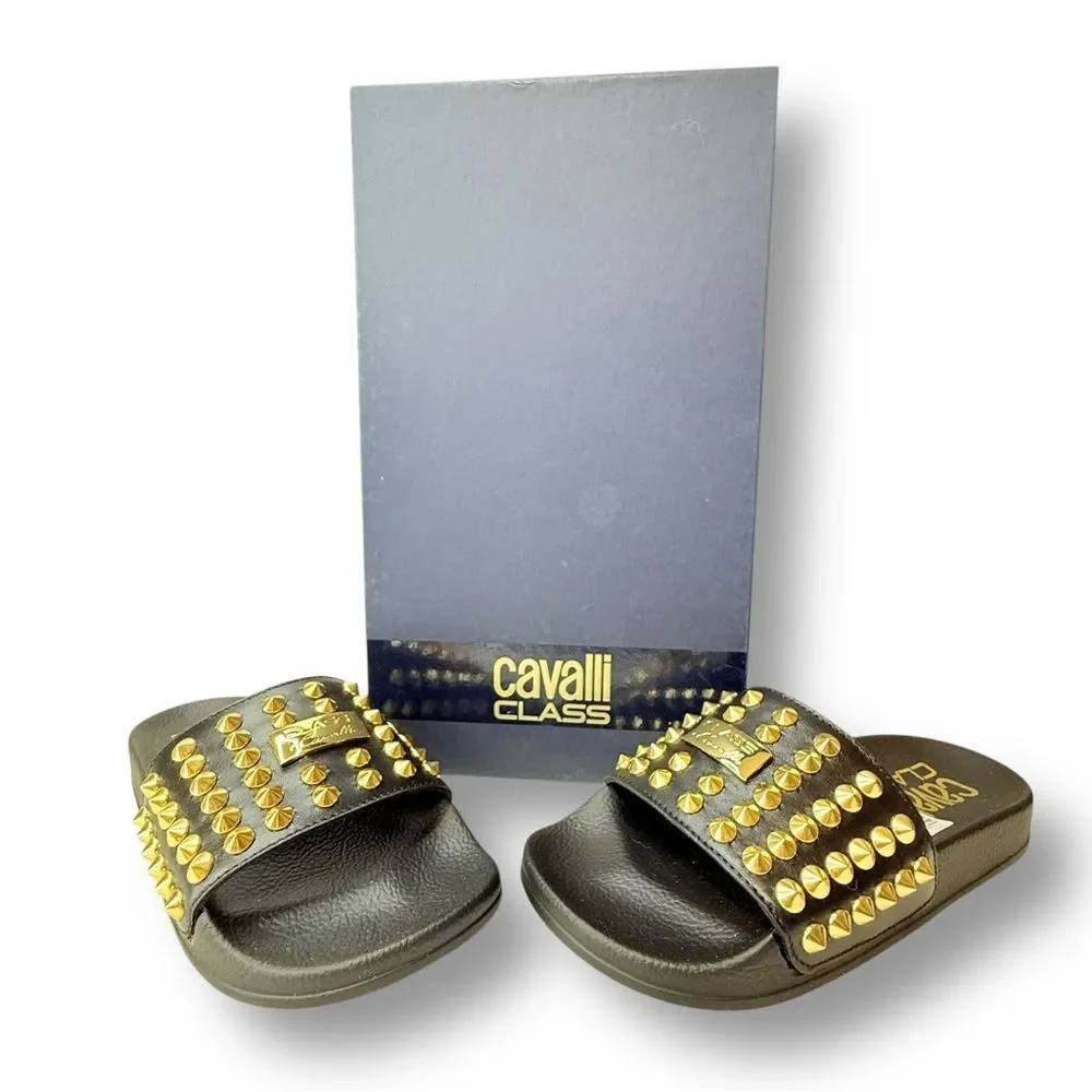 Roberto Cavalli Studded Leather Pool Slides Black Sz 5 Euro Summer Edgy Mob Wife